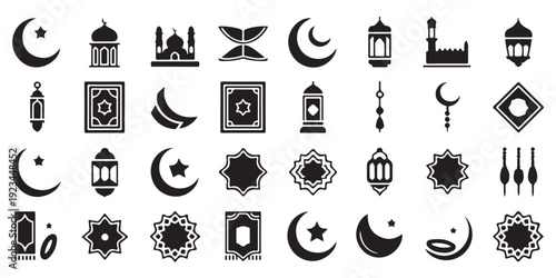 Solid islamic silhouette icons set featuring ramadan lanterns mosques crescent moons and geometric stars