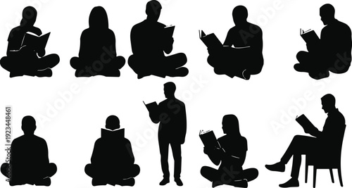 Reading people silhouette collection, students and adults with books black vector isolated on white background for education design