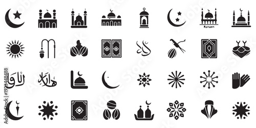 Ramadan kareem traditional muslim religion flat icon set. eid al-fitr celebration mosque holiday illustration