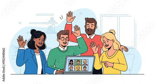 Diverse group of colleagues waving and smiling during a virtual meeting with laptop