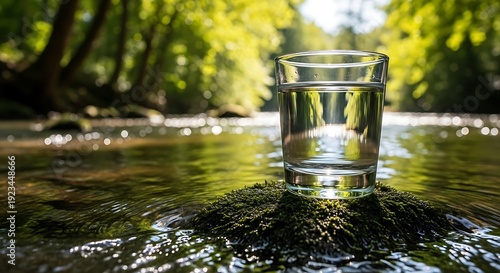 Glass of clear fresh water sitting on mossy rock in a flowing river