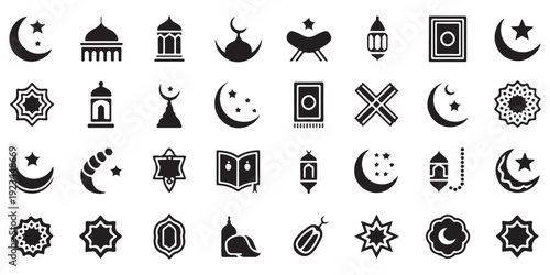 Ramadan kareem traditional muslim religion flat icon set. eid al-fitr celebration mosque holiday illustration