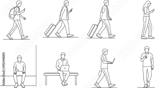 Modern people outline illustration, walking sitting working with laptop smartphone travel poses, minimalist line art lifestyle set daily activity collection