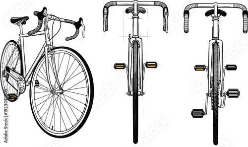 Road bicycle blueprint illustration, front and perspective view racing bike isolated on white background for cycling design