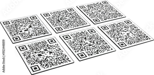 Six identical black and white two dimensional matrix barcodes are arranged in two rows for digital scanning applications.