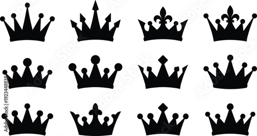 Royal crown silhouettes collection isolated on white background, king and queen tiara vector illustration set