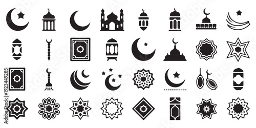 Islamic religion solid icons including masjid moon star and prayer beads for ramadan kareem greeting cards