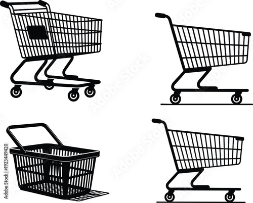 Shopping cart and basket silhouette set supermarket retail grocery trolley black icon collection isolated white background vector