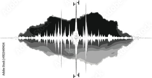 A symmetrical black and white sound wave graphic displays audio frequency visualization against a stark background.