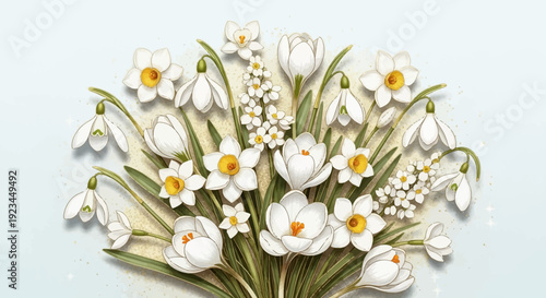 Artistic illustration of a vibrant spring bouquet featuring white snowdrops, daffodils, and crocuses with green foliage.