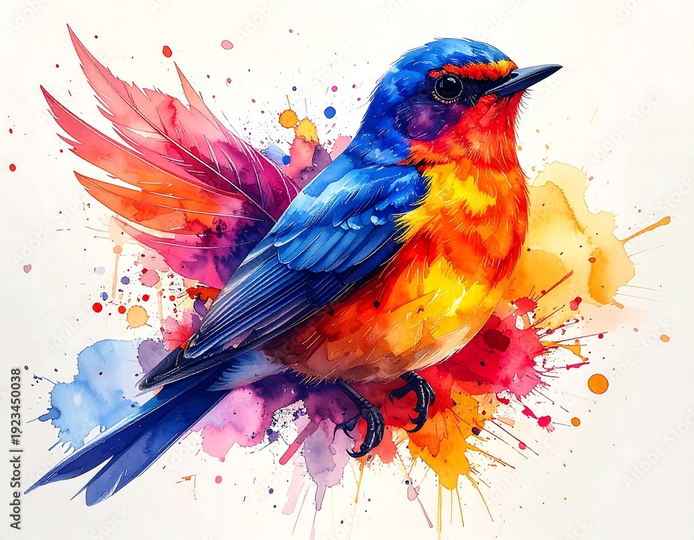 Obraz premium A colorful bird perched on a thin branch with watercolor splashes and white space background