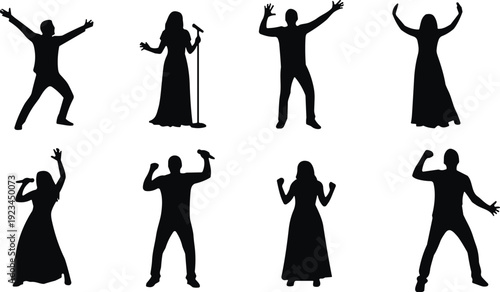 Singers and performers silhouette collection, male female artists with microphone black vector isolated on white background for music design