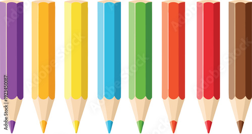 Set of Eight Colorful Sharpened Wooden Pencils for Art Supplies, School Education, and Creative Drawing Design