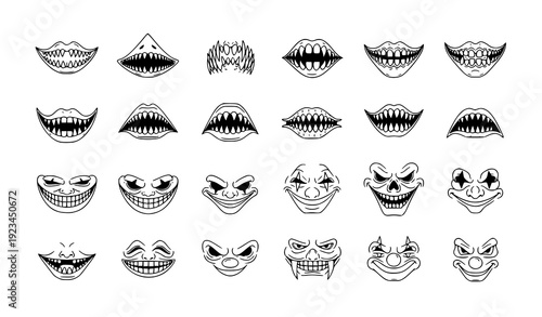 Minimalist Halloween Smile Mask Vector Set with Scary and Creepy Tooth Faces for Kids