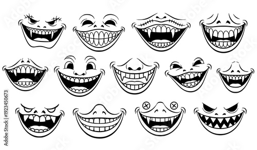 Cartoon Halloween Smile Mask Collection Vector with Creepy and Funny Toothy Faces for Children