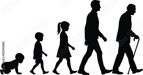 Stages of human life silhouette, baby child teenager adult and senior man walking aging progression isolated on white background