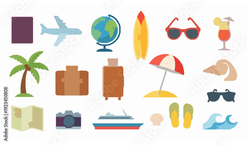 Summer Travel and Sea Vacation Elements Vector Set with Surfing and Tourism Icons Isolated on White
