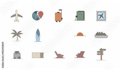 Colorful World Travel and Summer Beach Vacation Vector Collection with Surfing and Tourism Icons