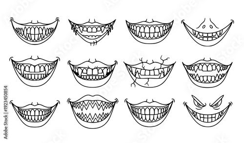 Creepy Halloween Smile Masks Vector Set with Spooky Toothy Faces for Kids and Tattoos
