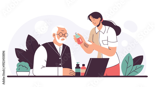 Home caregiver applies cream to a senior man's arm as he sits at a desk with a laptop.