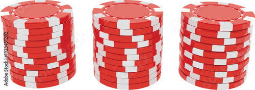 Three Stacks of Red and White Casino Poker Chips for Gambling, Online Gaming, Betting, Casino Promotions, Tournament Graphics, and Financial Risk Concepts