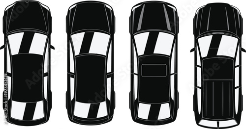 Top view car silhouettes set, different vehicle roof variations isolated on white background automotive design collection