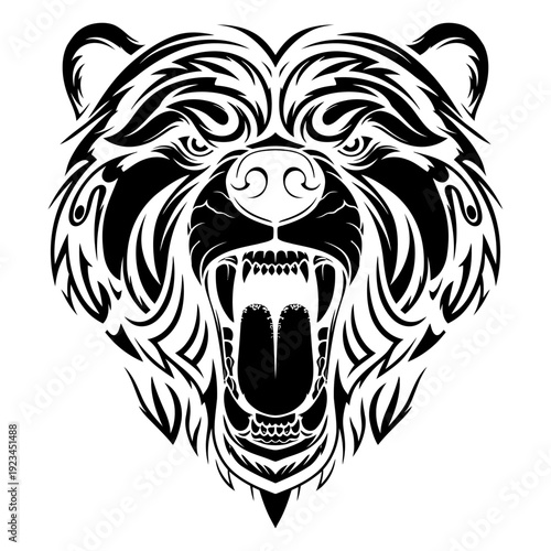 Fierce roaring bear head illustration, a dynamic tribal art design symbolizing primal power, wild nature, and untamed strength with intricate, bold graphic styling