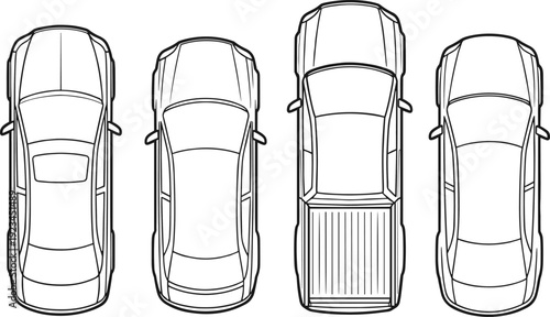 Top view car vector set, sedan and pickup outline illustration isolated for automotive branding, transport design, vehicle template
