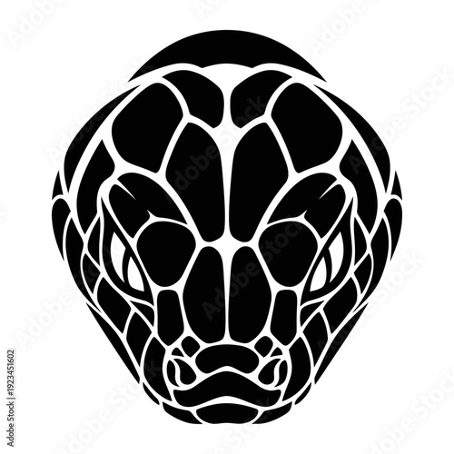 Bold minimalist vector illustration of a serpent head, featuring intricate scales in stark black and white, perfect for iconic graphic designs