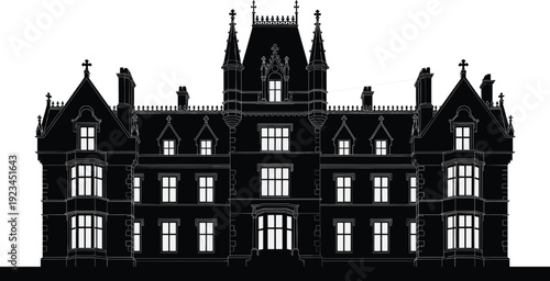 Victorian mansion silhouette illustration, historic gothic revival palace architecture isolated on white background classic heritage building facade