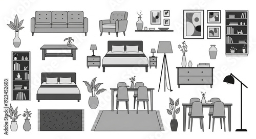 Collection of modern furniture and home decor items.