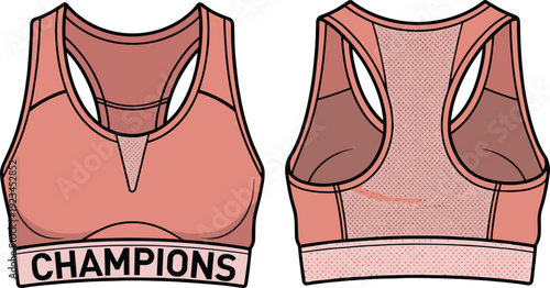 Women sports bra technical flat sketch front and back view, athletic fitness crop top design with racerback isolated on white