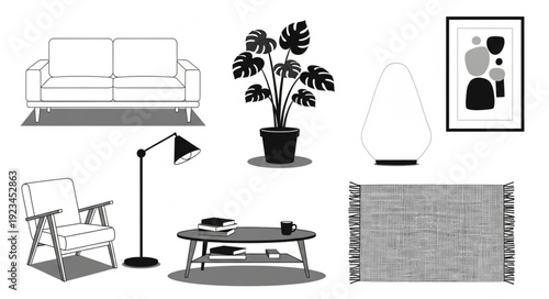 Modern Living Room Furniture and Decor Elements Collection.