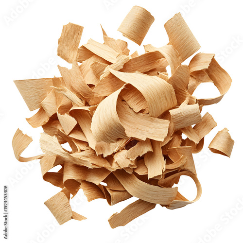 Wood shavings isolated on black background pile of light brown wooden shavings
