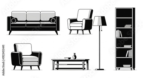 Collection of modern furniture for living room interior design.