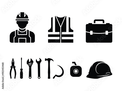 Construction and engineering glyph icon collection. Includes worker, safety vest, briefcase, pliers, screwdriver, wrench, hammer, sickle, tape measure