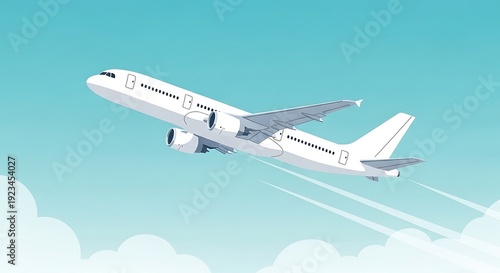 Modern White Airplane Ascending in a Cloudy Blue Sky
