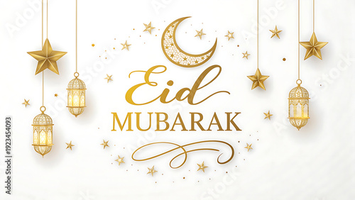 Golden Eid Mubarak Greeting Card with Crescent Moon, Lanterns, and Stars on White Background