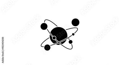 Black and white atom symbol illustration.