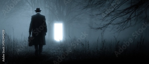 Man walking toward the mysterious glowing light, surrealism concept