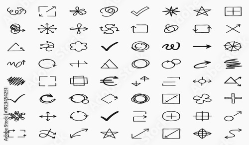 Large Collection of Hand Drawn Minimalist Doodles, Abstract Icons, and Geometric Sketch Symbols for Creative Design Projects