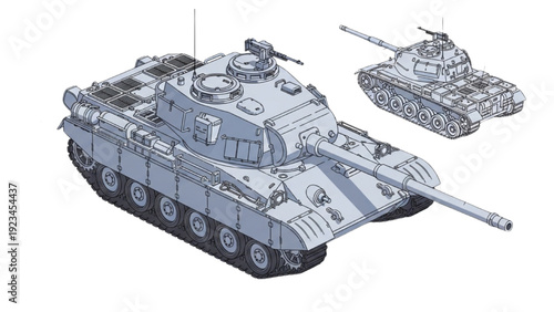 Detailed vehicle autocad blueprint of a military tank from multiple viewpoints showcasing its mechanical components