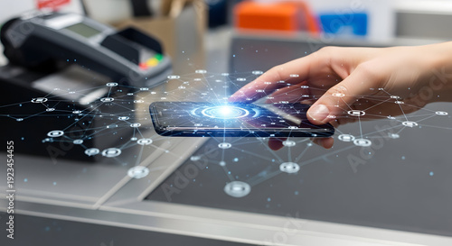 Customer using smartphone for contactless payment at checkout counter with digital network overlay symbolizing modern financial transactions and connectivity