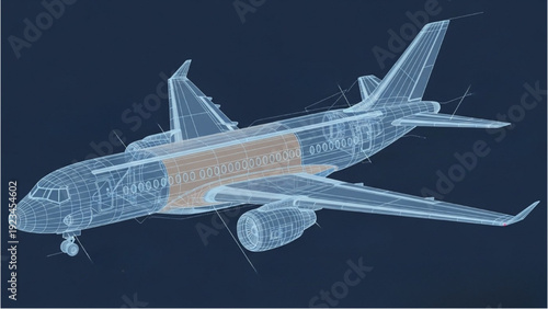 Detailed vehicle autocad blueprint of an airplane in technical drawing format viewed from the side