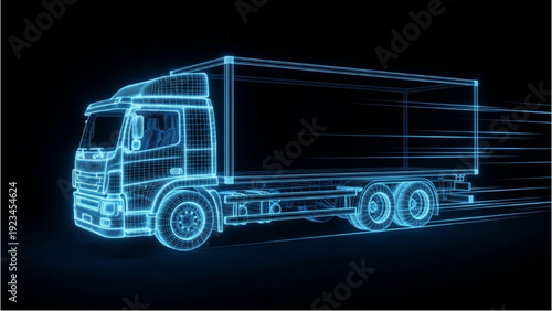 Detailed vehicle autocad blueprint of a semi-truck on a dark background from a three-quarter view