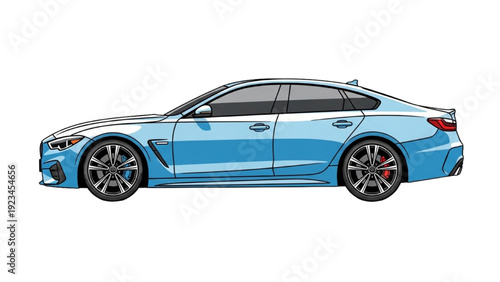 Detailed vehicle autocad blueprint of a modern blue car in profile view with sleek design and sporty features