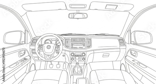 Car Interior Illustration Black White.