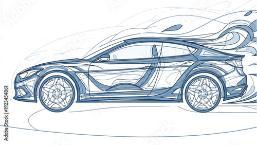 Detailed vehicle autocad blueprint design of a futuristic sports car in a technical drawing style