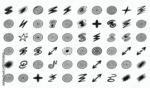 Hand Drawn Abstract Spiral Shapes, Scribble Doodles, and Geometric Vector Symbols for Creative Design