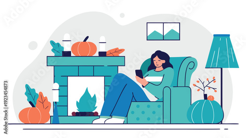 Woman relaxes in a teal armchair by a fireplace, using a smartphone amidst autumn decor and a lamp.